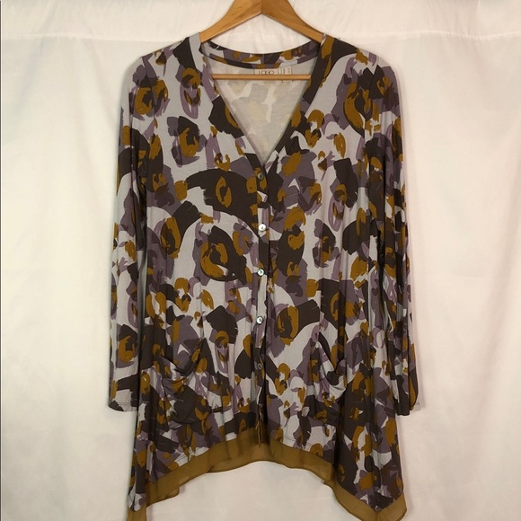 LOGO by Lori Goldstein Tops - LOGO Lori Goldstein Women's Abstract Button Down  Purple/Tan/Brown Tunic Size XS